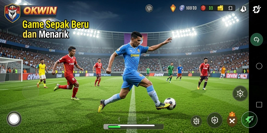 Tampilan gameplay OKWIN yang menampilkan aksi sepak bola seru.